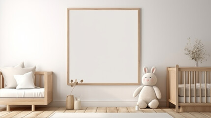 Baby room, bed and home interior design with blank frame for apartment poster, picture and decoration. Cozy, modern and furniture mockup space for text, print and ideas for architecture inspiration