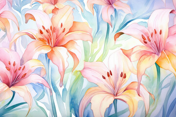 Spring lily flower plant illustration pink seamless nature wallpaper floral pattern background design watercolor - obrazy, fototapety, plakaty