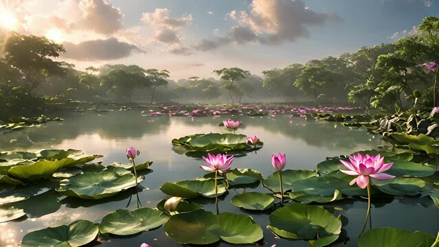 Lustrous Lotus Lagoon serene sanctuary nestled within dense jungle. tranquil waters covered blanket floating lotus flowers, their bright hues adding pops color lush green 2d animation