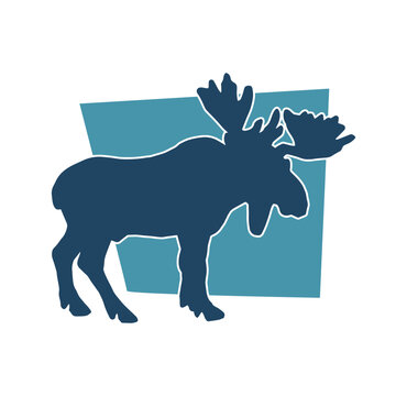 Silhouette illustration of male northern deer with enormous flattened antlers. Silhouette of a male elk or moose animal.
