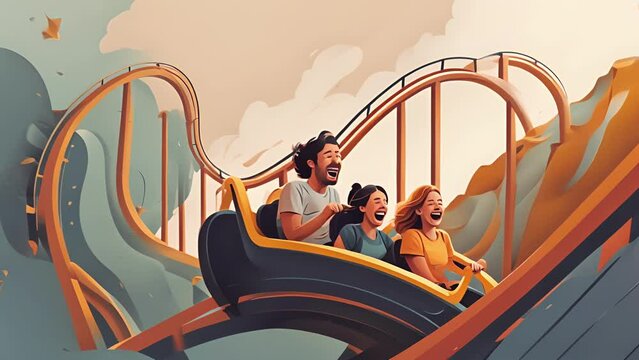 Minimal flat motion of two people on a rollercoaster, with one experiencing pure joy and the other fear, symbolizing the different ways each person may 2D cartoon animation. .