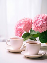 Fototapeta na wymiar Two cups of black coffee and vase with bouquet of pink hortensia flowers on a table.