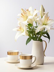Two cups of coffee and vase with bouquet of white lilies on a table.