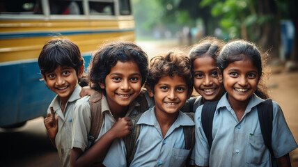 Portrait of East Asian students going to school or field trip in front of the school bus background.