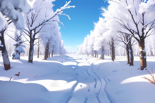 雪原と雪並木の散歩道