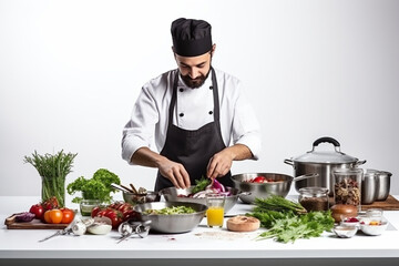 chef preparing dishes for his customers whit background