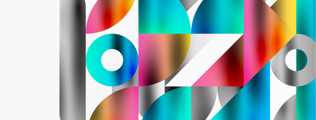 Obraz premium Mosaic pattern composition featuring harmonious interplay of triangles, lines, and round elements, creating a visually engaging and dynamic design for posters, covers, banners, brochures, websites