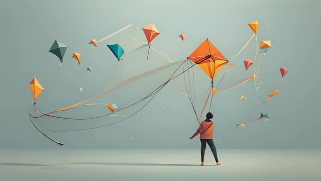 Minimal flat motion of a person holding a kite with multiple strings attached, each one representing a different goal or achievement to be reached. 2D cartoon animation. .