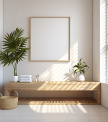 Modern, bathtub or bathroom interior design with mockup poster space for apartment, hotel or home. Bright, clean or stylish wash room by wall for relax, hygiene and luxury picture frame or decoration