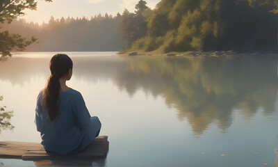 person sitting on the edge of the lake. AI generated.