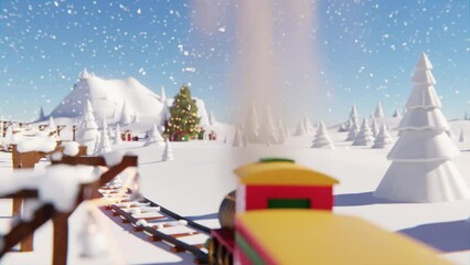 Perfect Christmas winter fairytale landscape. With the train traveling through the snowy forest that reaches the snow-covered wooden house of Santa Claus next to which there is a large magical tree - Powered by Adobe