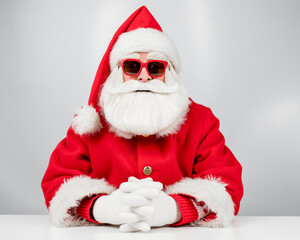 Portrait of santa claus sitting with his arms folded at a white table. 