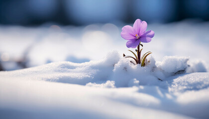 tiny flower blooming out of deep snow