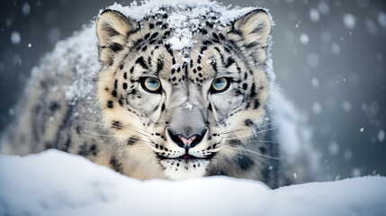 Fototapeta premium Snow Leopard, in Snowy Landscape