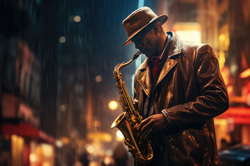 A man in jacket playing a saxophone on the night street - obrazy, fototapety, plakaty