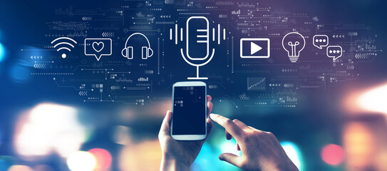 Podcast theme with a smartphone in blurred city lights at night