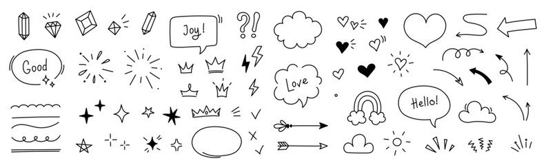 Hand drawn line cute star sparkle, heart, arrow elements. Doodle heart, arrow, star, sparkle decoration set icon. Simple sketch line style emphasis, attention, pattern elements. Vector illustration