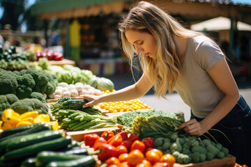 Woman chooses fruits and vegetables at farmers market