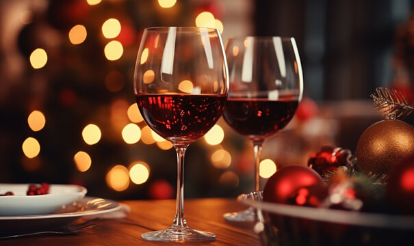 Beautiful two glasses of red wine standing on the table in the background of a decorated Christmas tree