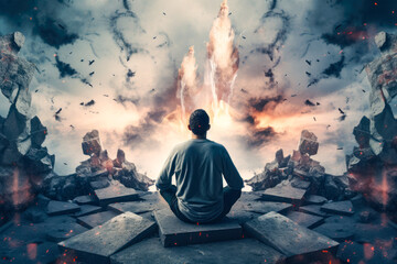 Mental Health: A person meditating with a chaotic, stormy background, showing the concept of finding peace amidst chaos and emphasizing mental health - obrazy, fototapety, plakaty