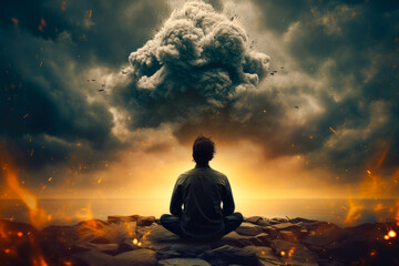 Mental Health: A person meditating with a chaotic, stormy background, showing the concept of finding peace amidst chaos and emphasizing mental health - obrazy, fototapety, plakaty