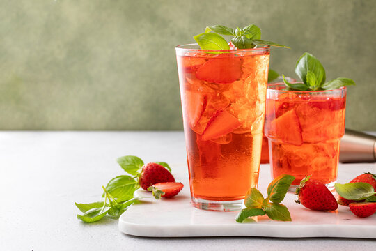Cold and refreshing strawberry basil cocktail, spring or summer cocktail or mocktail