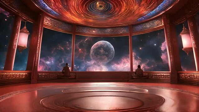 Gazing ceiling Digital Temple, with mesmerizing display swirling colors patterns, resembling digital representation cosmos. Amidst this celestial scene, virtual monks 2d animation