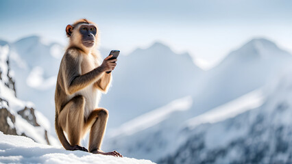 animal holding cell phone and standing with nice view