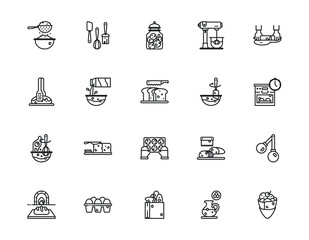 Set of outline icons related to bakery, baking, and cooking. Editable stroke. Outline icons suitable for web, infographics, interface, and apps.