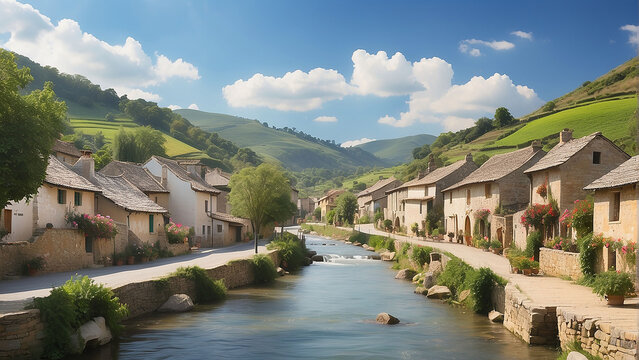Imagine a quaint village nestled between rolling hills. Capture the essence of everyday life in this village  AI-Generative