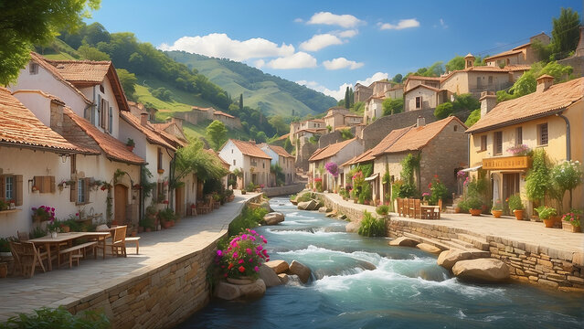 Imagine a quaint village nestled between rolling hills. Capture the essence of everyday life in this village  AI-Generative