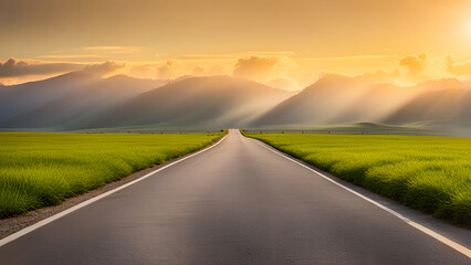 Wide image of a road under a blue sky with soft clouds - obrazy, fototapety, plakaty