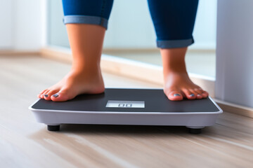 Closeup of a woman standing on a bathroom scale monitoring her weight while following her weight loss program