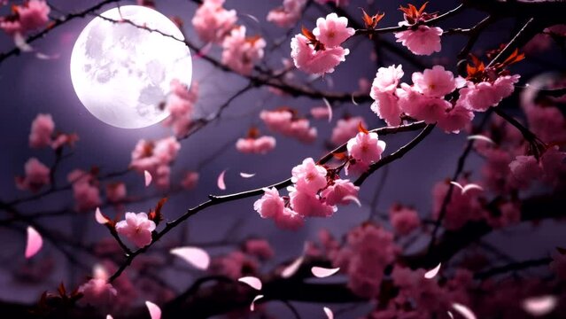 full moon on pink cherry blossom tree. Beautiful scenery of  flower view video animation looping for live wallpaper
