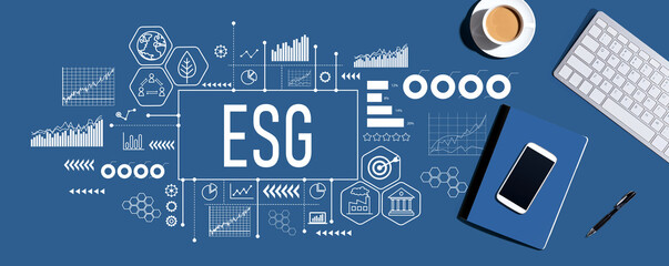 ESG - Environmental, Social and Governance concept with a computer keyboard and office items