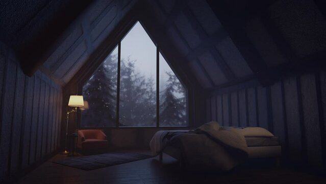 Looping snowing window view from a cozy cabin 