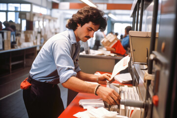 Postman sorting mail in a post office showing good work ethic while sorting letters, parcels, packages and newspaper - obrazy, fototapety, plakaty