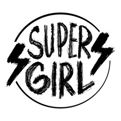 Super girl. Hand drawn lettering phrase in circle. Vector illustration. - obrazy, fototapety, plakaty
