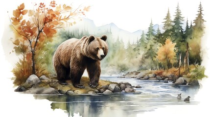 a bear on the riverside watercolor vintage painting for wall art background wallpaper - obrazy, fototapety, plakaty