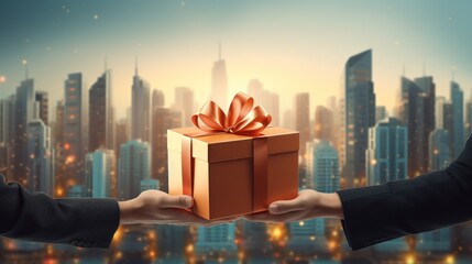 Person hand giving the gift with blur background. Generative AI.