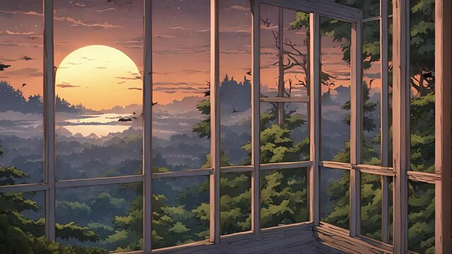 Looking from towers highest window, vast expanse forest below. moon peers through trees, illuminating unsettling sight countless ravens perched upon branches. Their 2d animation