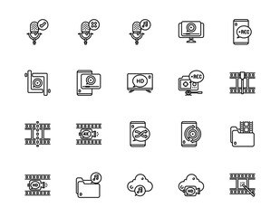 Set of outline icons related to audio, video, and multimedia. Editable stroke. Outline icons suitable for web, infographics, interface, and apps.