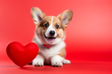 Cute lover Valentine corgi puppy dog lying with a red heart, isolated on red background