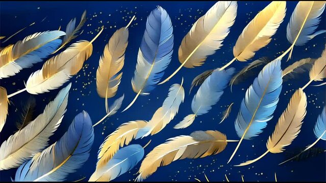 beautiful blue and gold feathers floating against a deep navy background, conveying a sense of lightness and freedom. The feathers are intricately depicted, presenting a design that is natural yet sop