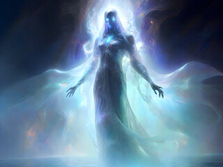 Enter the eerie realm of concept art with a chilling holographic specter, a giant translucent figure emitting an ethereal glow. Crafted through expert digital painting