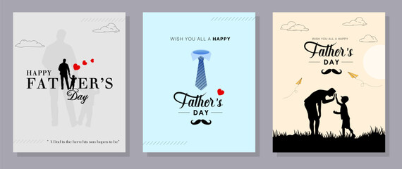Happy Father's Day with dad and children silhouettes. Vector greeting card with a nice message of Father's Day. 
