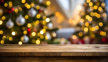 empty wooden table, hints of holiday cheer in the background with ornaments and a beautifully adorned Christmas tree, , festive table, christmas lights on the wooden background