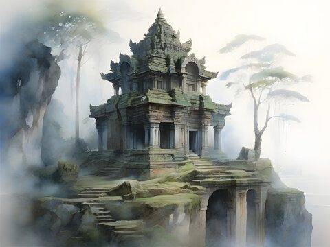 Dive into the enigmatic allure of a lost civilization with this haunting watercolor painting. The eroded temple, adorned with intricate carvings, emerges from an ethereal haze