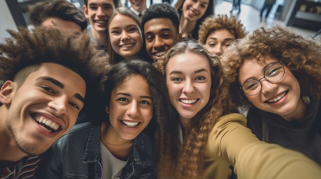 Group of happy friends in selfie 