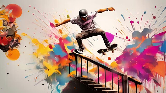 Minimal flat motion of a skateboarder grinding along a railing, with a graffiticovered wall and a burst of colorful paint splatters. 2D cartoon animation. .